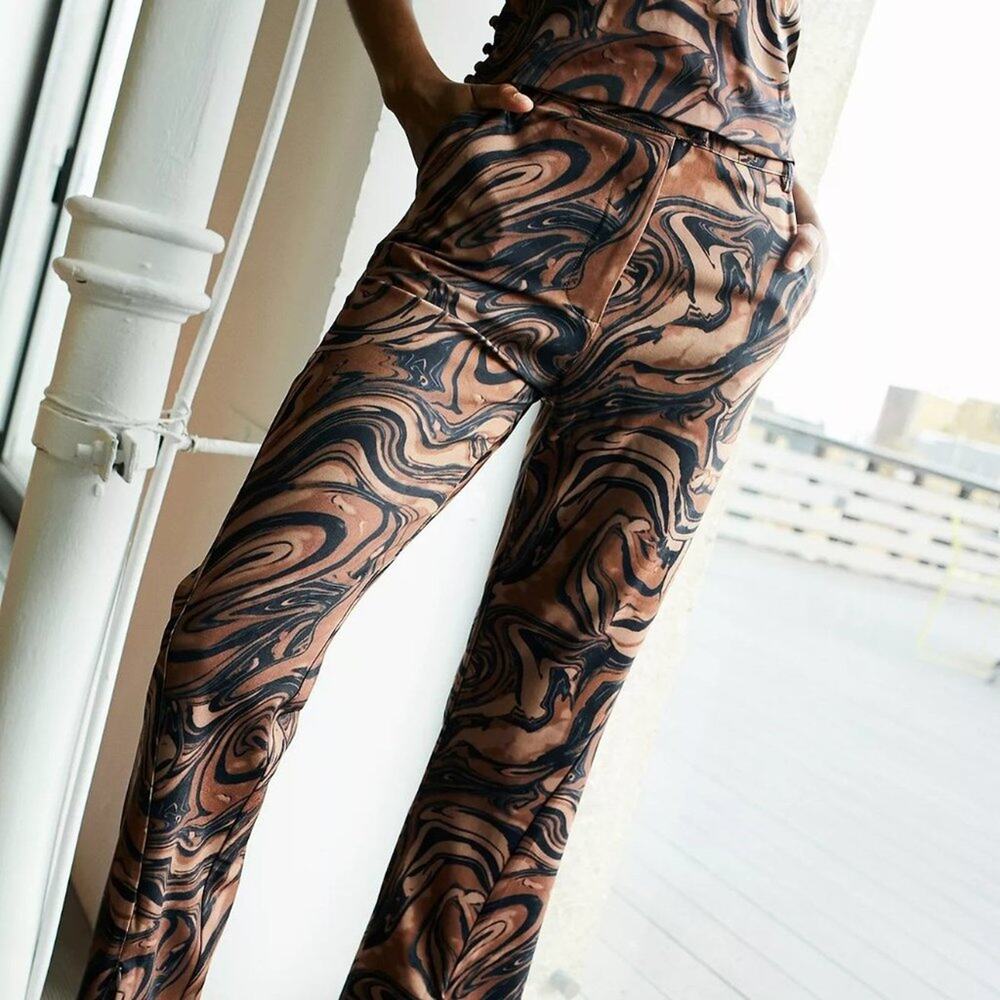 House of Sunny Paradise Pants Womens 6 Brown Swirl Print Slim Flare Retro